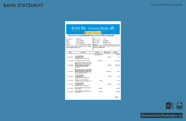 Kontoauszug der Canara Bank (Indien) – Word-Version 2 – Beispielvorschau